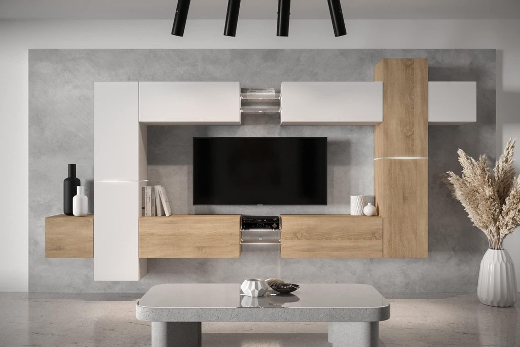 Furnitech Wohnwand Wohnzimmer - Hängend Wohnwand Modern - Regale und TV Schrank - Wohnzimmer Möbel ohne LED (AN91NEW-21WS-M12 MATT)