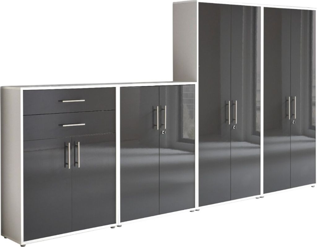 Aktenschrank TABOR 56 in weiß / anthrazit Hochglanz, Schrankwand, Büroschrank, abschließbar, Metallgriffe