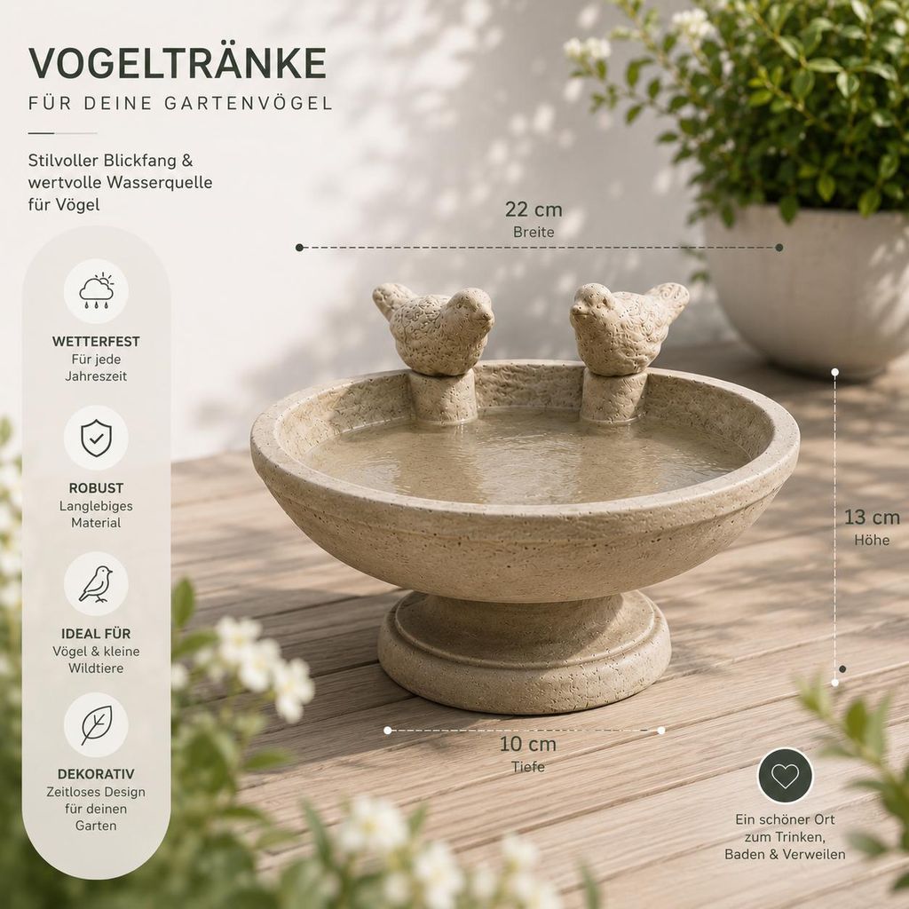 Vogeltränke mit 2 Vögeln auf Sockel Vogel Bad Tränke Garten