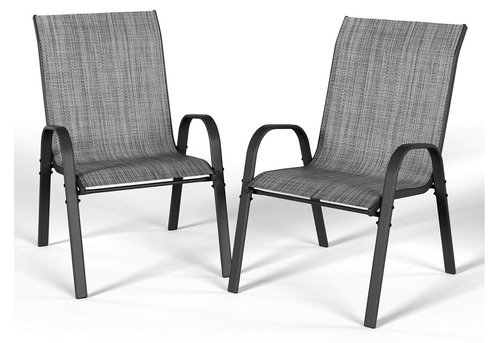 2er Set Stapelbare Gartenstühle, Hochlehner mit 55 cm Breite, Textilene Terrassenstühle in Grau für Balkon, Terrasse und Garten
