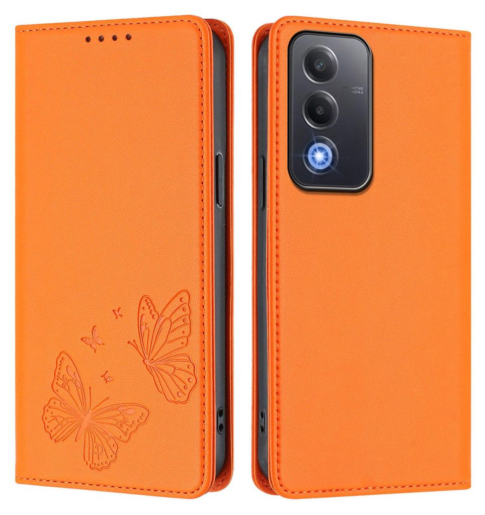 Lederhülle für Oppo A5/Oppo A3 Pro/Oppo A80/Oppo K12x, Schmetterling Prägung Leder Brieftasche Schutzhülle mit Ständer Orange