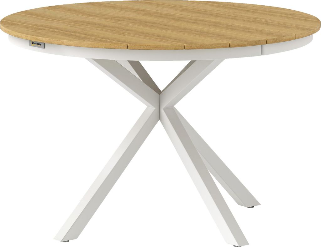 Gartentisch Ø118cm, Wetterfest Balkontisch aus Aluminium, Beistelltisch mit Kreuzbeine Lattendesign Teak