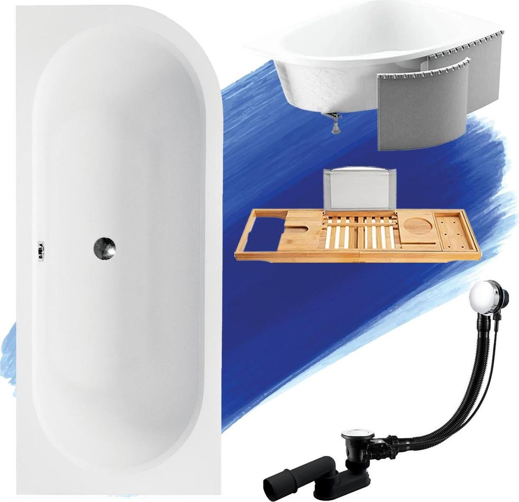 Badewanne Eckwanne Set 5in1 160x75 Links + Premium Ablaufgarnitur und Füßen GRATIS + Verkleidung (Styropor) + Bambus Holzablage | BADLAND AVITA