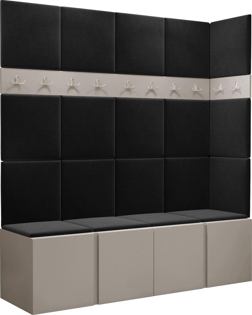 MIRJAN24 Garderoben-Set Orion II, Garderobe mit Sitzbank mit 19 x Wandpanel 42x42 (Farbe: Cashmere, Manila 18)