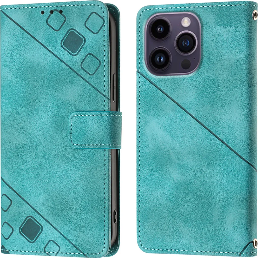 Custodia per iPhone 14 Pro in rilievo Custodia a portafoglio in pelle flip con funzione stand verde