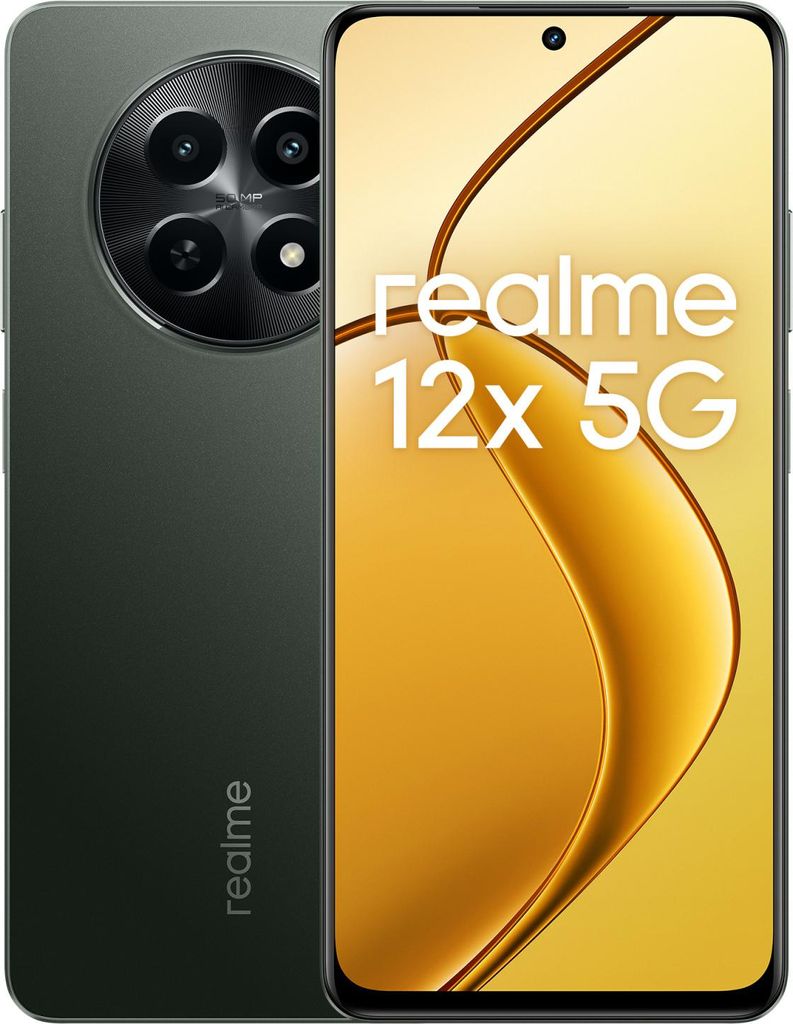 A smartphone is shown from the back and front, with marketing text on the screen.