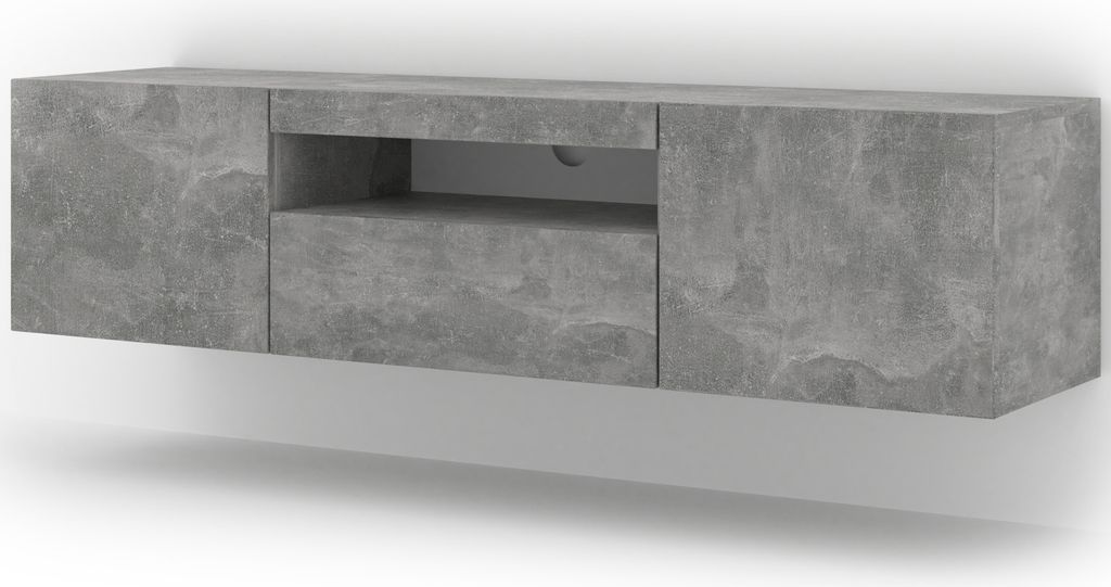 A gray concrete-effect wall-mounted TV cabinet.