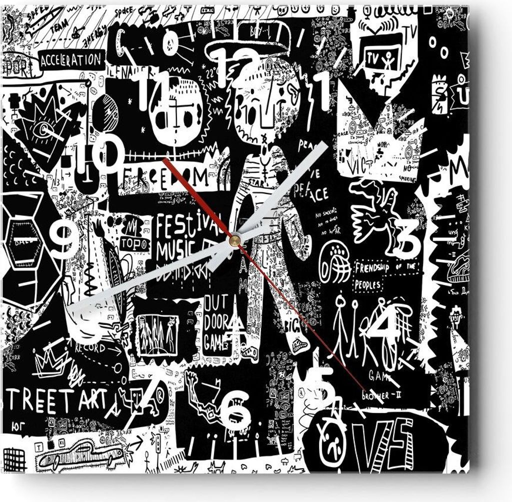 Wanduhr - Quadrat - Glasuhr - Graffiti modern - 30x30cm - Schleichendes Uhrwerk - Lautlos - zum Aufhängen bereit - Dekoration Modern - Wanddekorat...