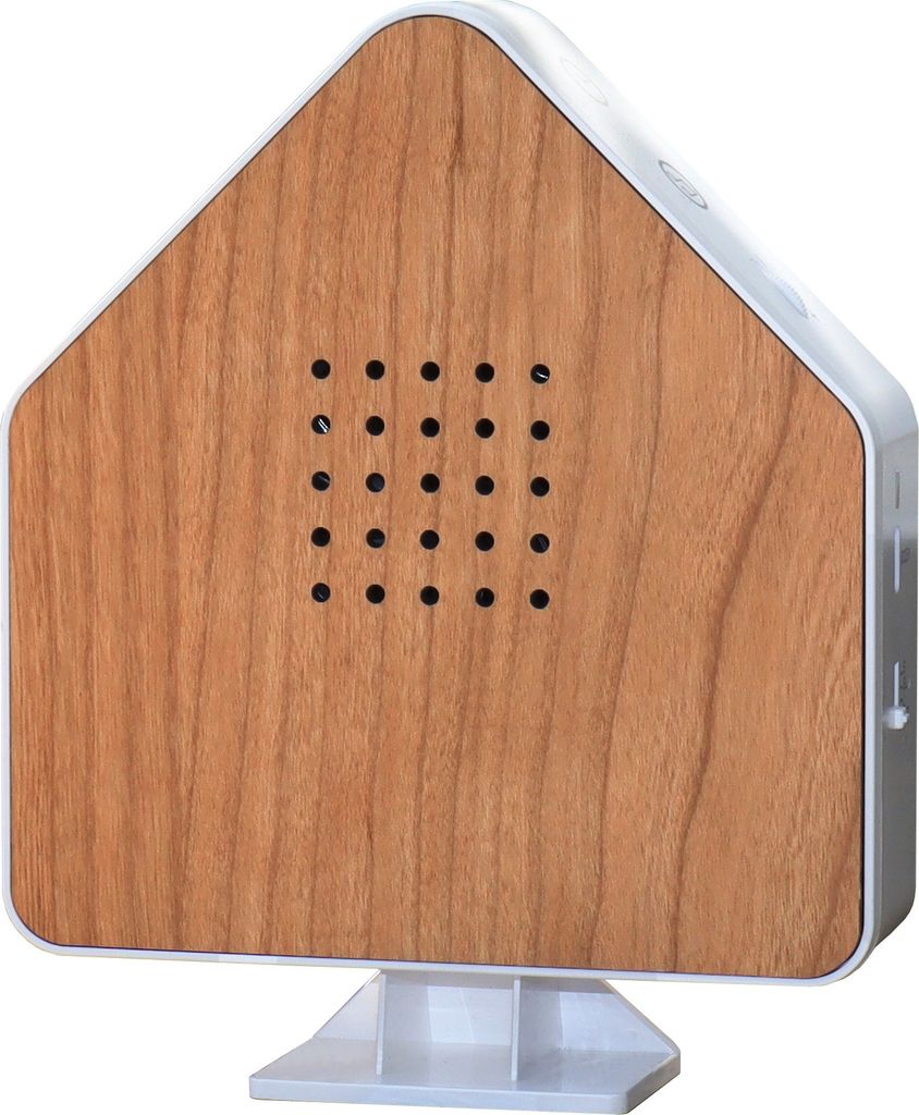 A product shot of a house-shaped device with a wood-grain front and a white base.