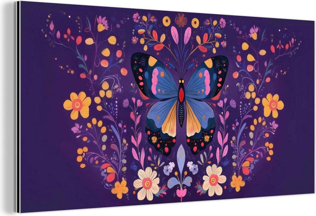 MuchoWow Wanddekoration Metall Metallbild Wandkunst 40x20 cm Verschnörkelt - Blumen - Schmetterling - Lila MuchoWow Aluminium Gemälde - Bild - Al...