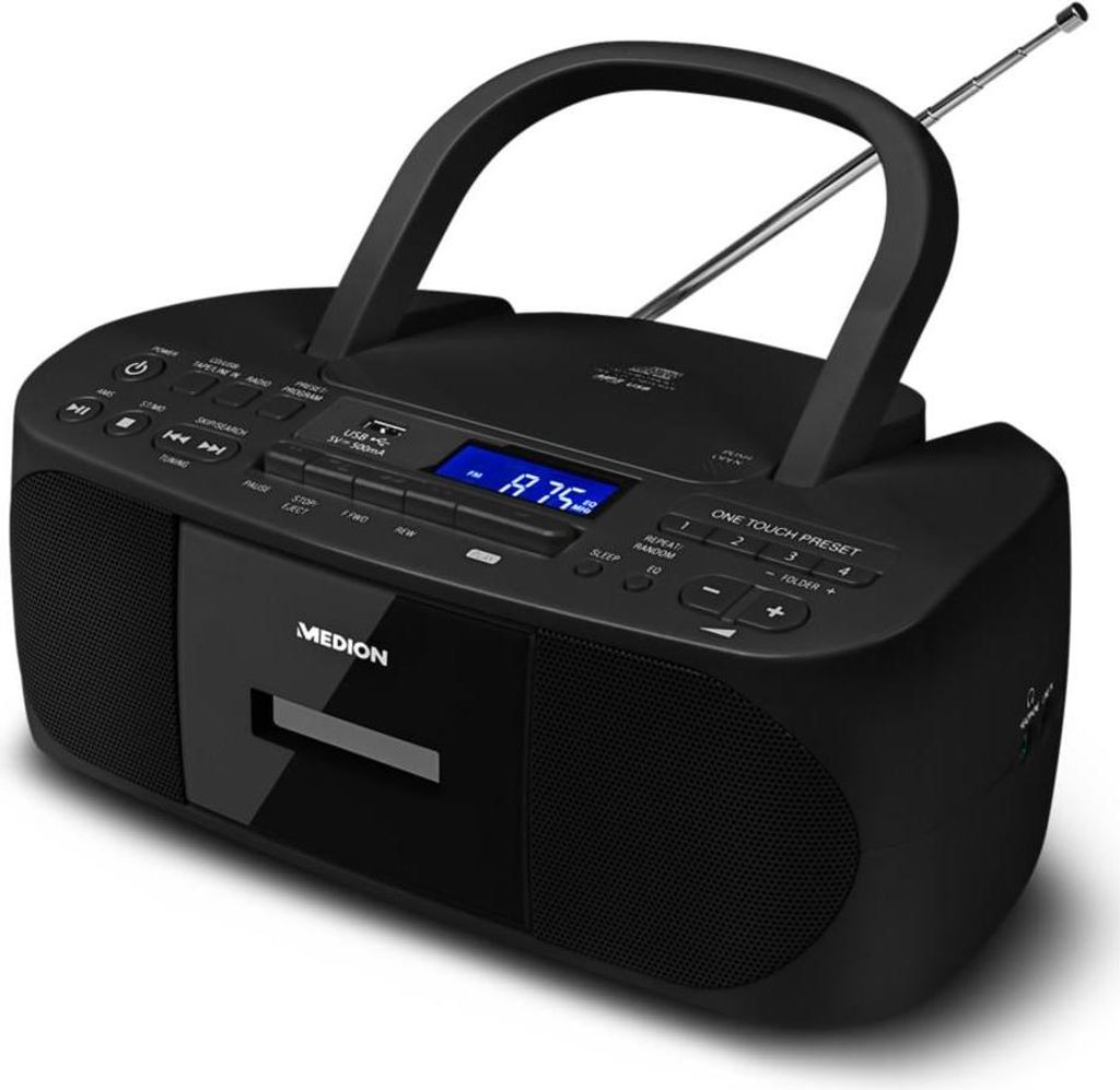 MEDION E65010 Stereoradio (CD-Player, Kassette, USB Anschluss, AUX Audioeingang, MP3-Widergabe. UKW PLL Radio,40 Senderspeicher, Batteriebetrieb, F...