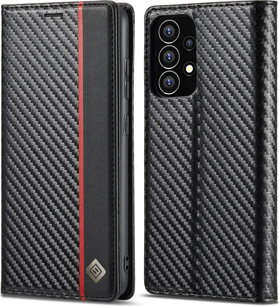 Cover Magnetica Samsung A53 5G Fibra Carbonio Nera e Rossa Verticale