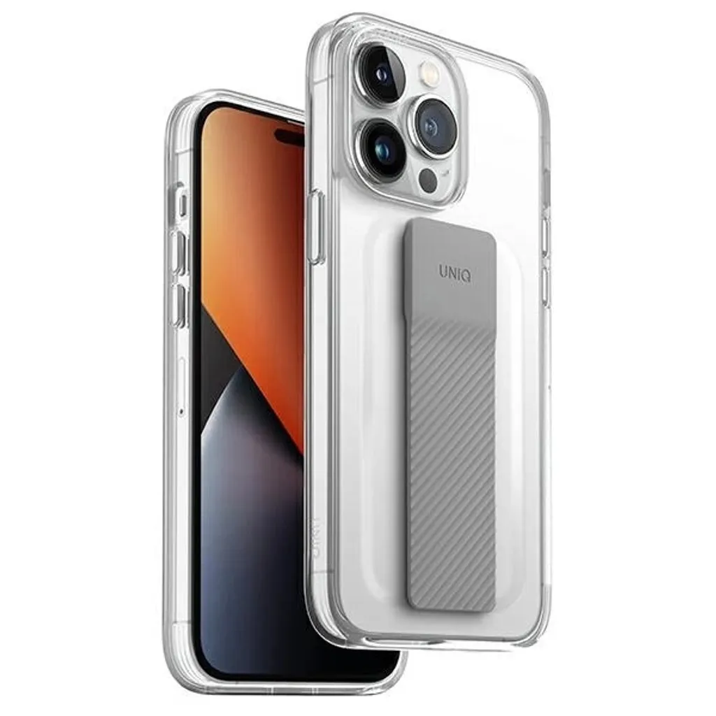 Cover iPhone 14 Pro Uniq Heldro Mount Lucent Clear - Design con Stand