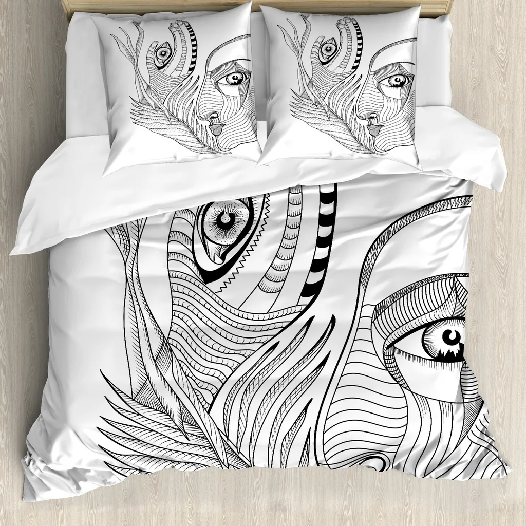 ABAKUHAUS Copripiumino psichedelico, Trippy Summary, antiacaro, adatto a chi soffre di allergie, con federe, 200 cm x 200 cm - 80 x 80 cm, nero e grigio
