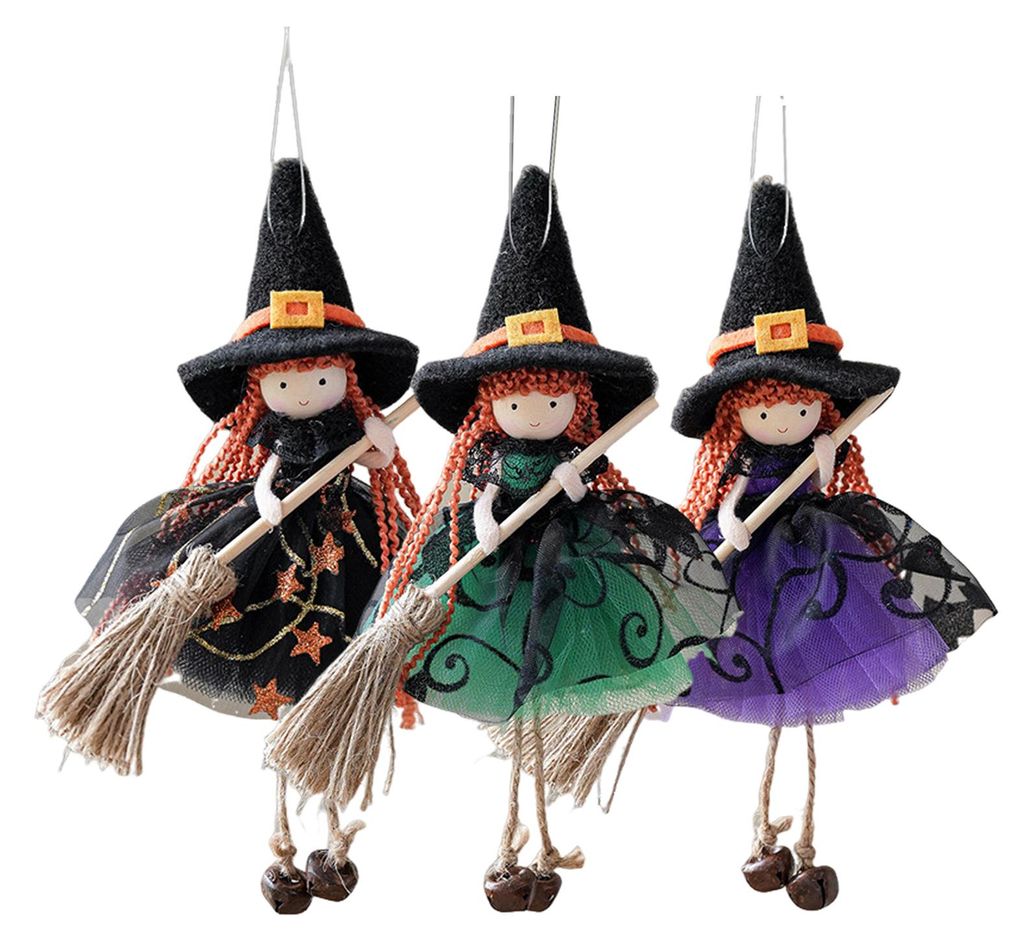 Halloween-Hexenpuppe mit Besen, kleine Hexenfigur mit Gaze-Rock, hängender Hexenschmuck für Küche, Zimmer, Tür, Fenster, Halloween-Dekoration B