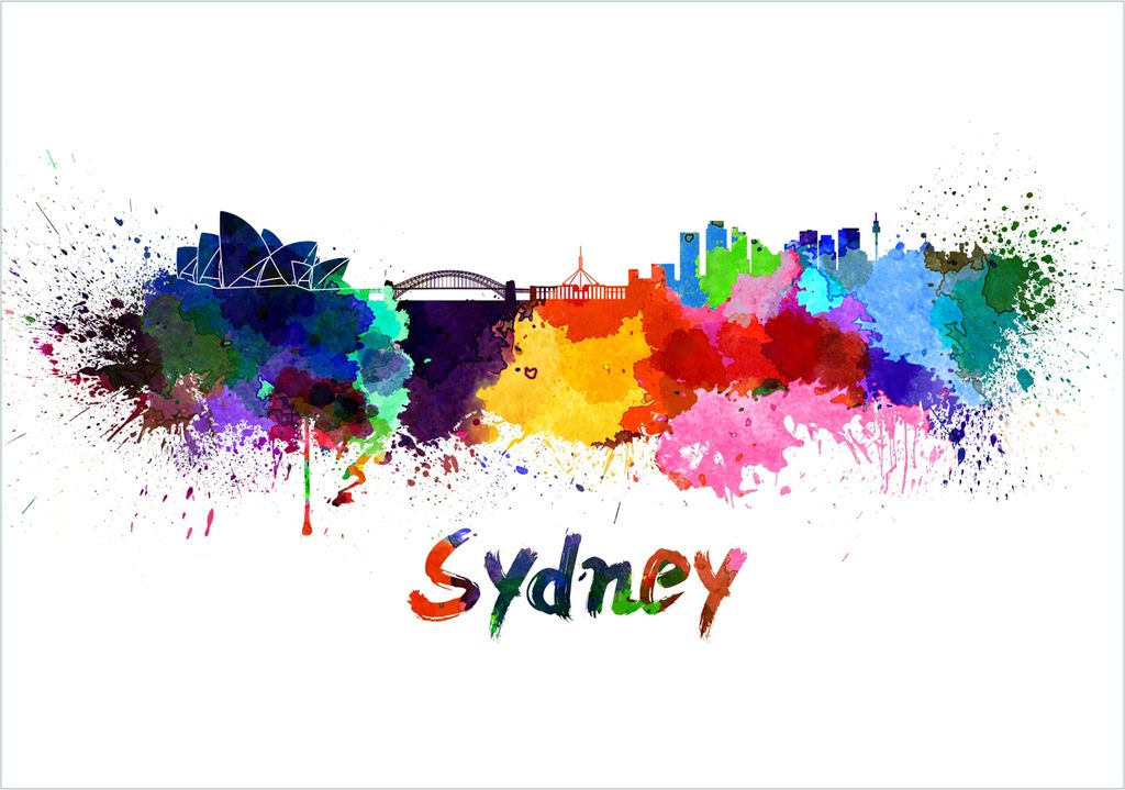 Wallario Premium Glasbild, freischwebende Optik, kräftige Farben, Größe 100 x 70 cm Motiv Städte als Aquarell - Skyline von Sydney