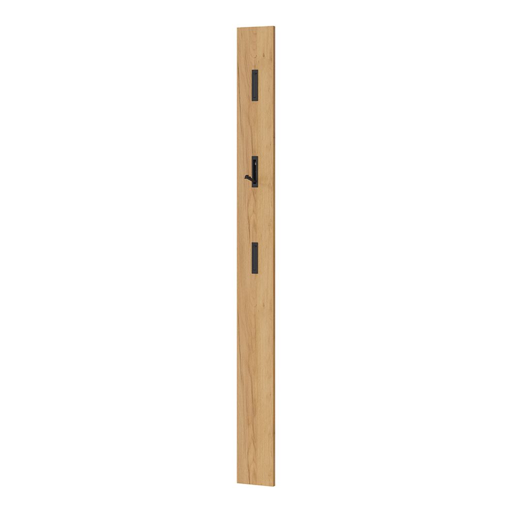 A narrow wooden panel with three black fixtures, one of which is a hook.