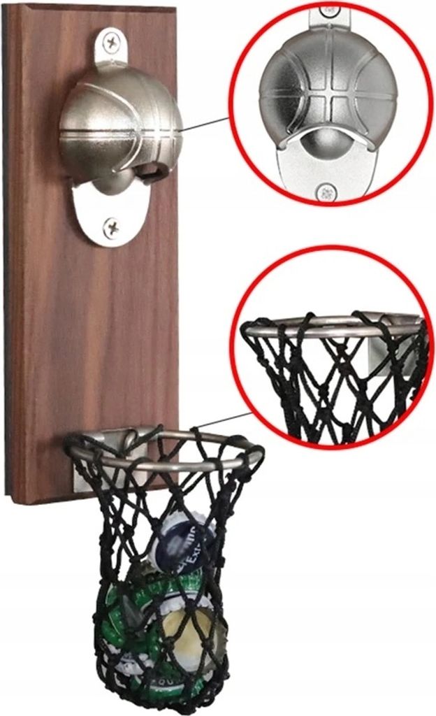 Wand-Flaschenöffner aus Holz mit Magnet, Basketball-Design, Produktbild 