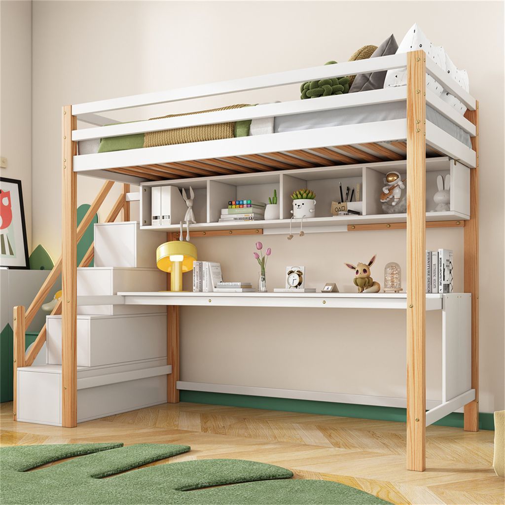 KecDuey Kinderhochbett 90x200cm - Etagenbett Mit Schreibtisch Und Stauraumtreppe