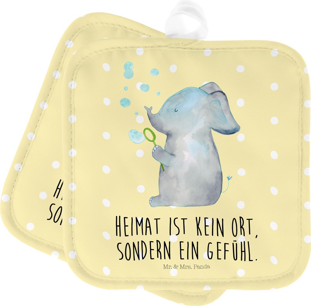 Mr. & Mrs. Panda Topfuntersetzer Elefant Seifenblasen - Gelb Pastell - Geschenk, topfhalter, Kochlappen, Topflappenset, Topflappen, Elefanten, Set,...