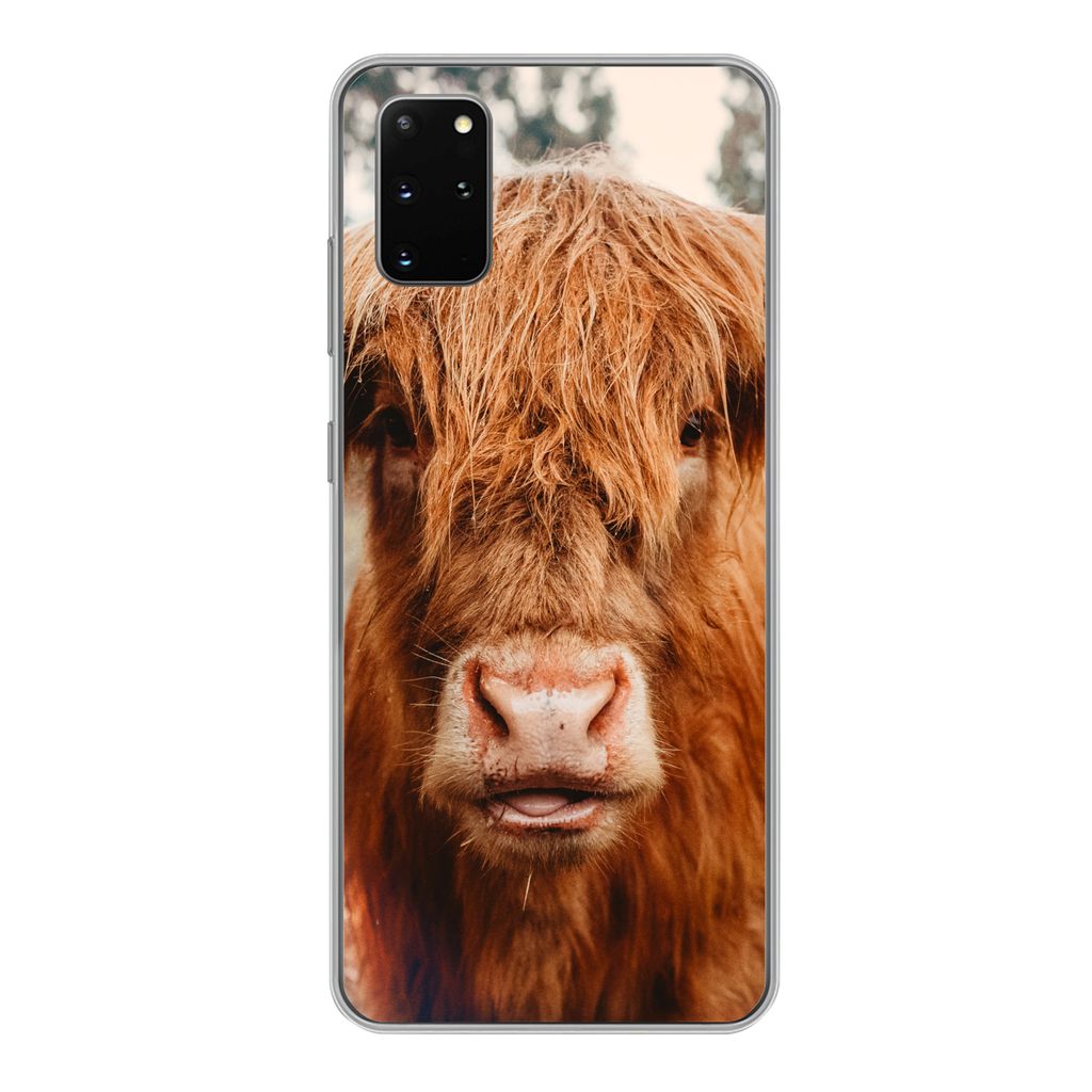 MuchoWow Handyhülle Schutzhülle Hülle für Samsung Galaxy S20 Plus Kuh - Schottischer Hochländer - Hörner - Braun - Landschaft Silikon Softc...