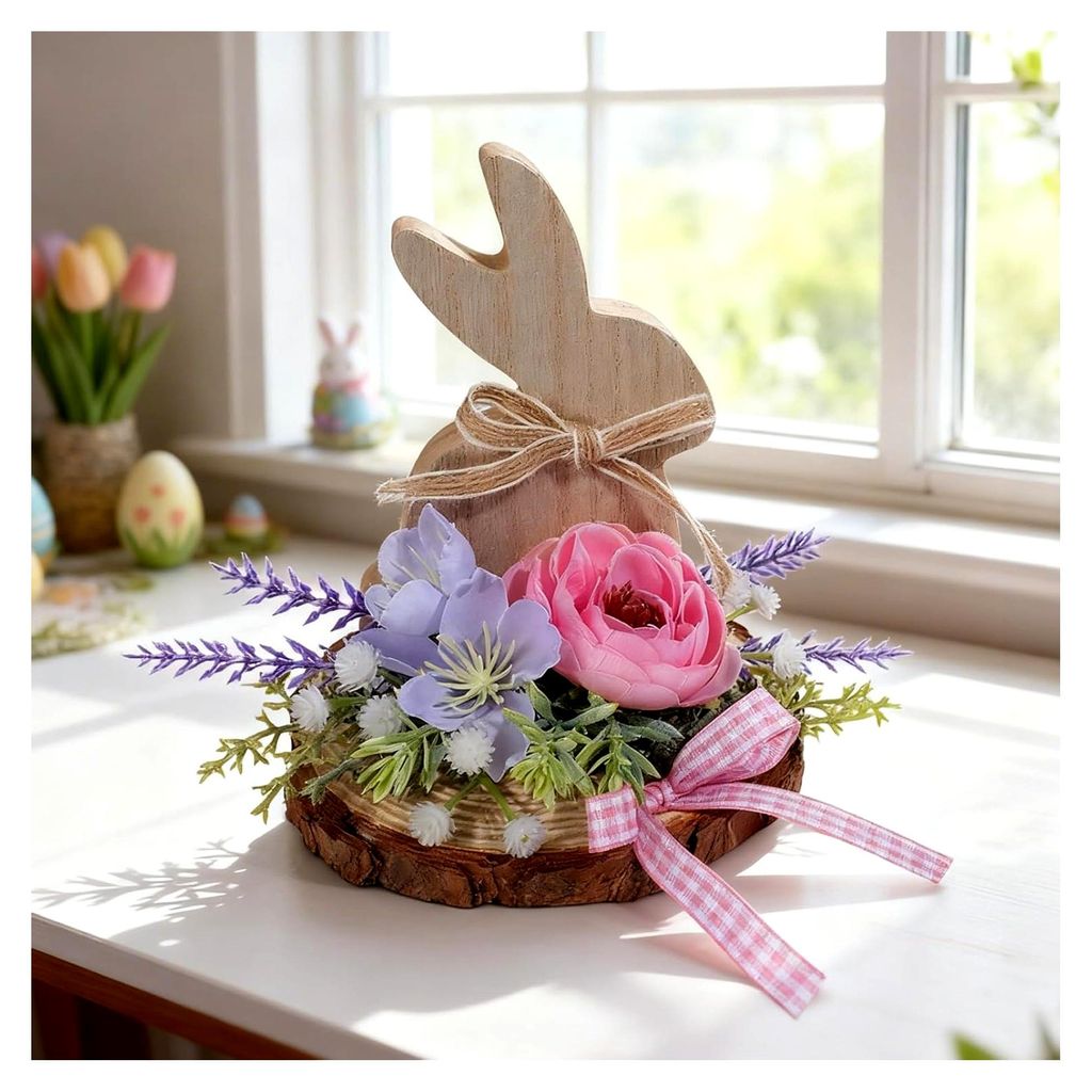 Osterhase Deko aus Holz, Figuren für die Osterdeko mit Blüten und Blättern, Tischdeko Ostern, ungiftig, robust, wasserbeständig, Osterdekoratio...