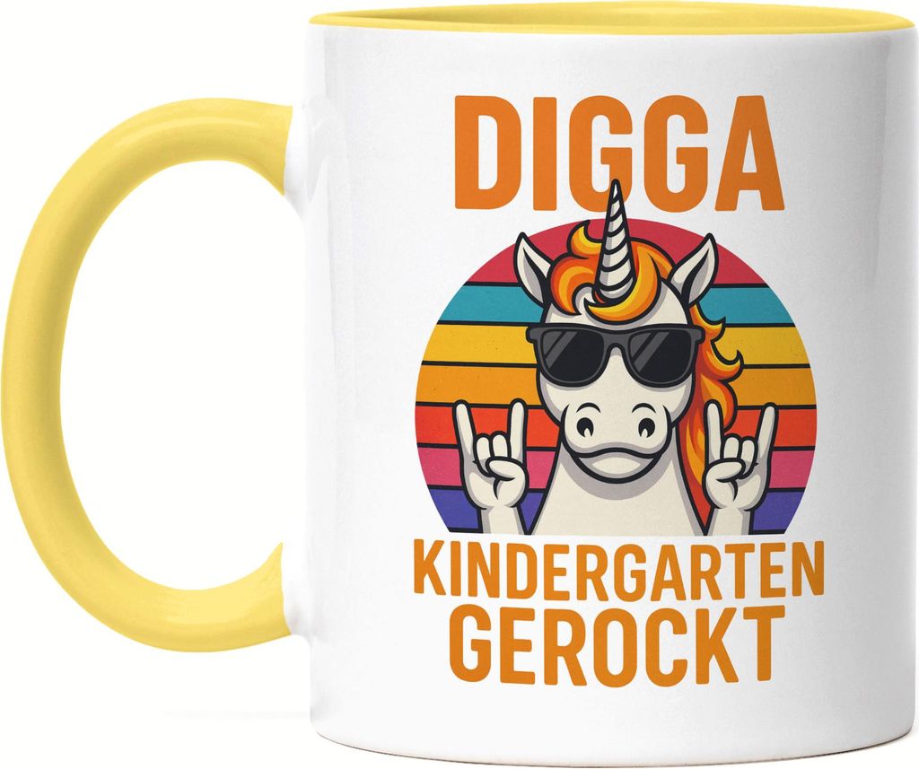 Digga Kindergarten gerockt Tasse Gelb Geschenkidee Einschulung Vorschule Abschied Kindergarten Einhorn