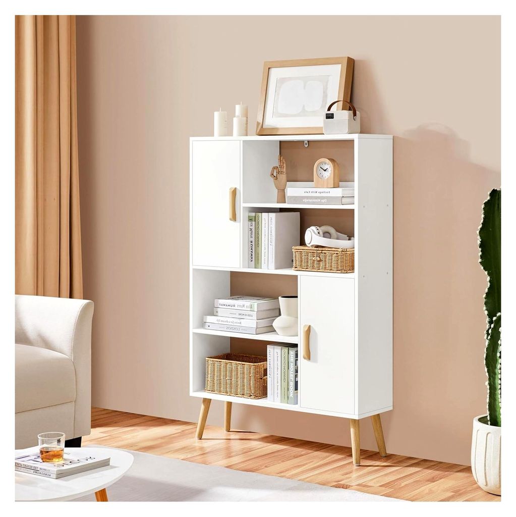 Bücherregal, Bücherschrank mit 2 Türen und 4 offenen Regalen, Standregal für Wohnzimmer und Arbeitszimmer, 80×23,5×120,5 cm, Weiß