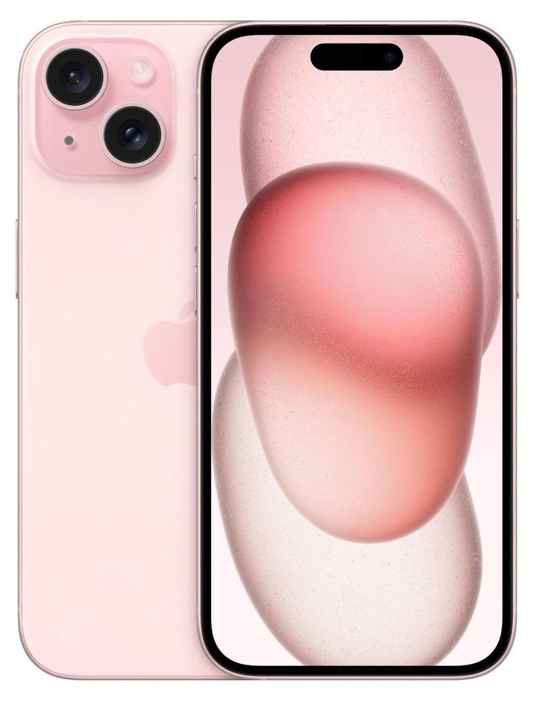 A pink iPhone 15 is shown from the front and back.
