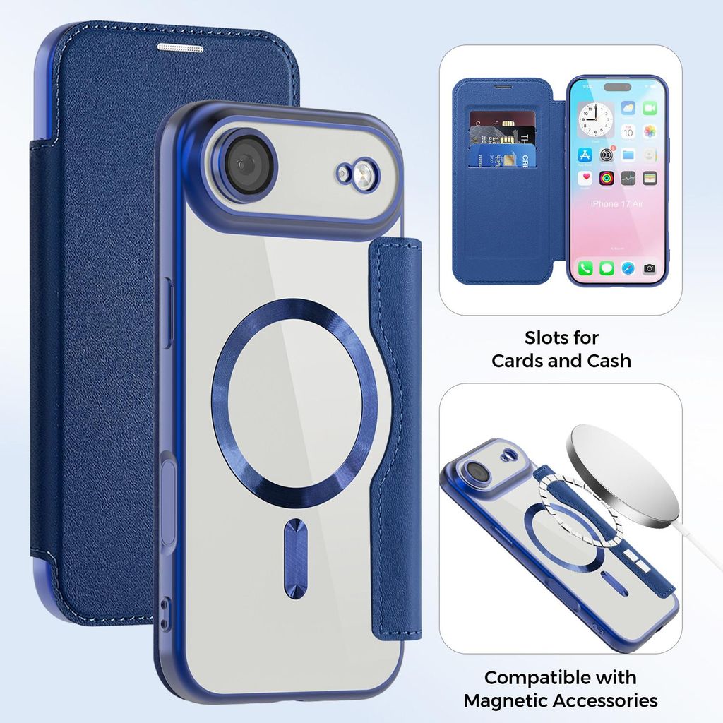 Klapphülle für iPhone Air Kompatibel mit Magsafe, Klar Überzug Kartenhalter Ledertasche mit Kameraschutz Blau