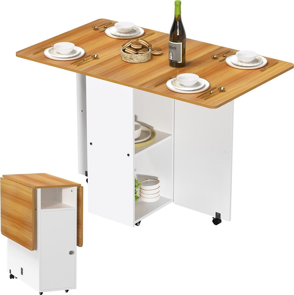 Mobiler Klapptisch,Klappbarer Esstisch aus massivem Holz,Erweiterbarer Küchentisch mit 2 Ablagen für Esszimmer Küche für kleine Räume 120x70x78cm