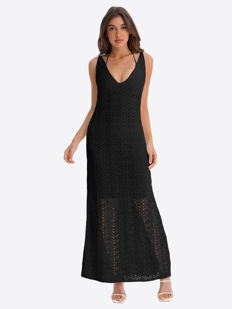 Damen-Strand-Maxikleid, V-Ausschnitt, ärmellos, lang, halbtransparent
