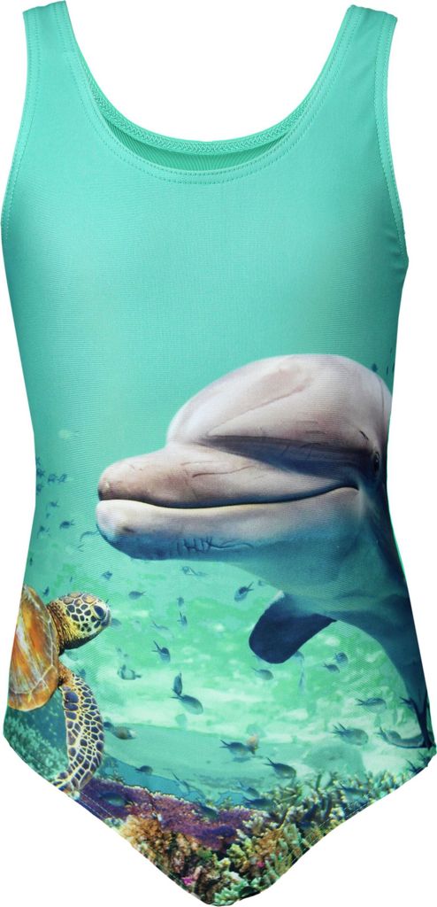 Aquarti Mädchen Badeanzug mit Ringerrücken Print, Farbe: Delphin / Grün, Größe: 140