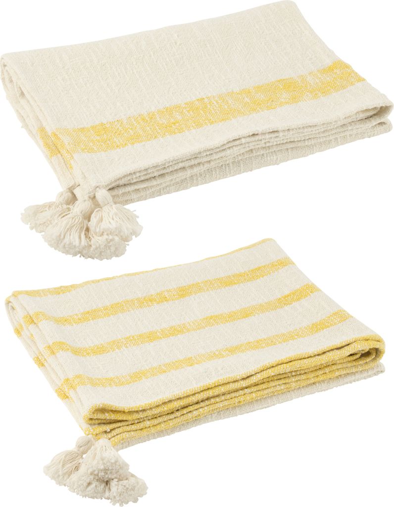 J-Line Plaid Linien+Quasten Baumwolle Weiss/Gelb 2 Sortiert