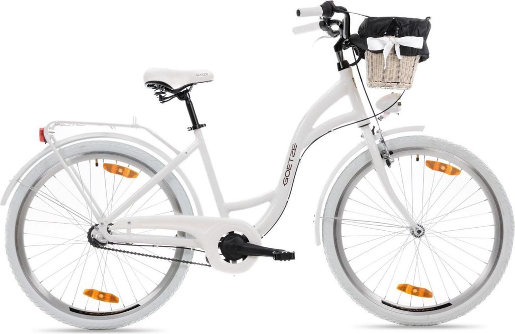 Goetze Style 26 Zoll City Bike, 43 cm Rahmen, 3-Gang Shimano Nexus, Rücktrittbremse & V-Bremse, LED-Beleuchtung, Gepäckträger, Rattankorb mit Bezug