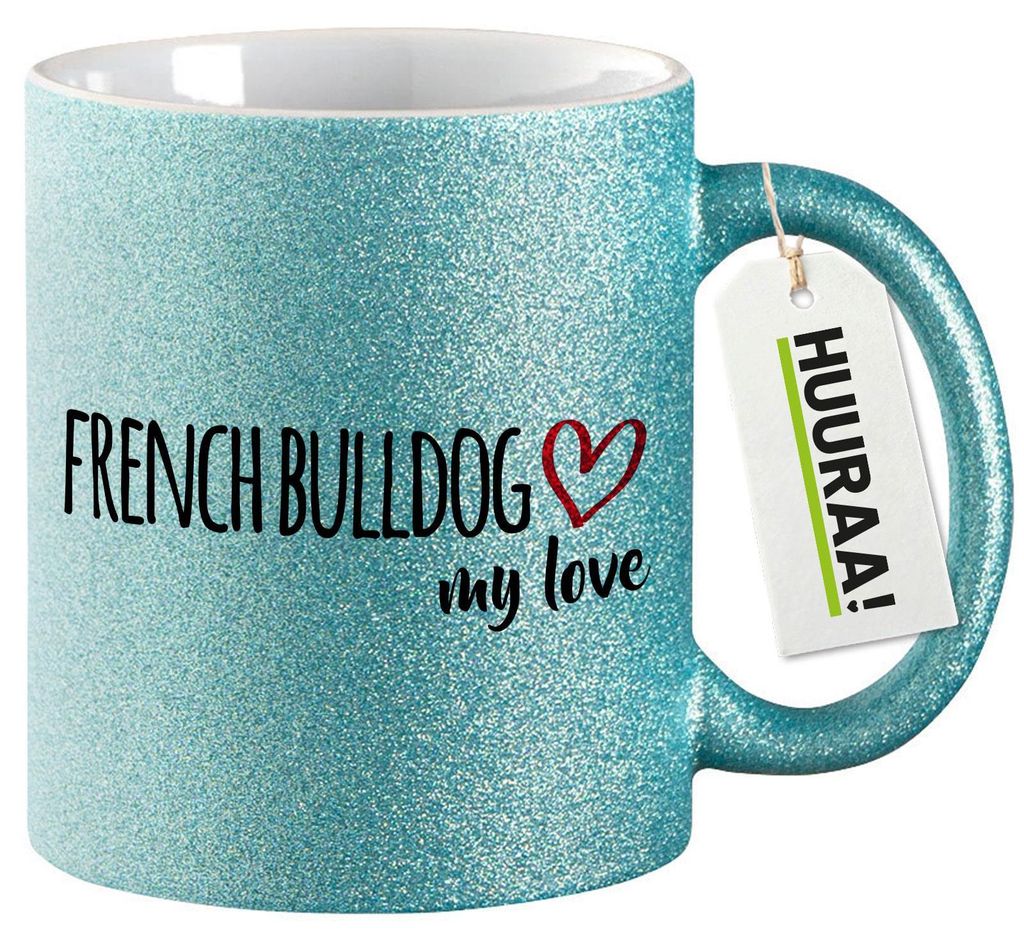 Huuraa Glitzertasse French Bulldog my love 330ml Blau Keramik Kaffeebecher Geschenkidee