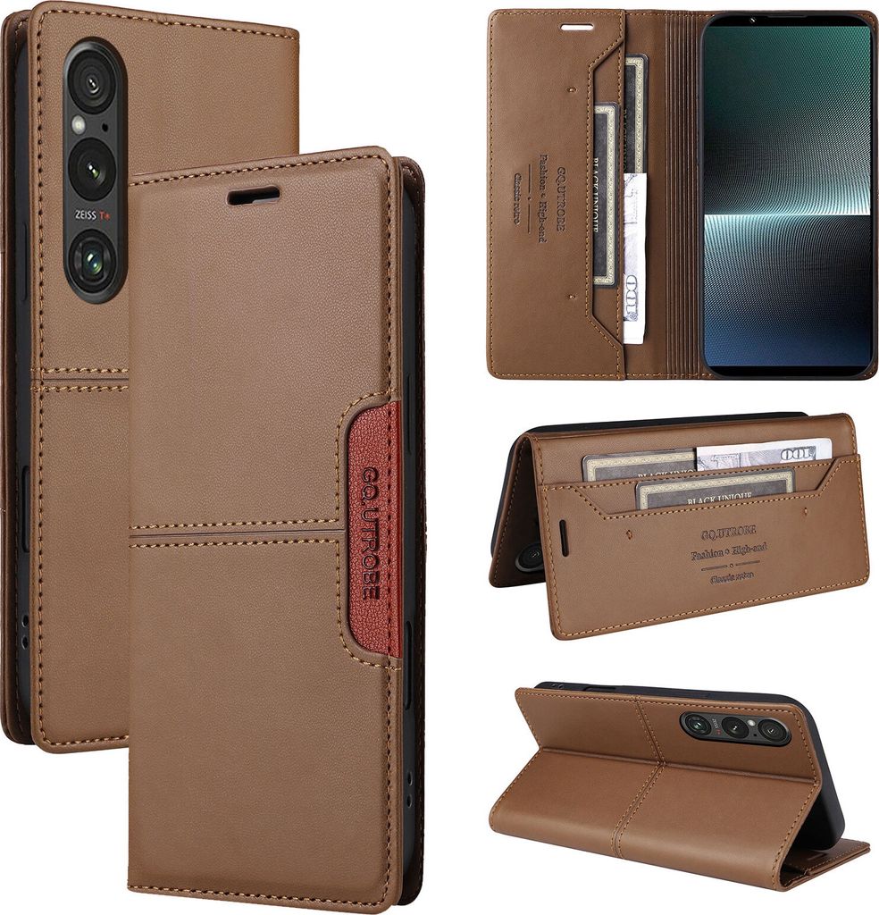 Handyhülle für Sony Xperia 1 V Hülle, Leder Flip Wallet Kartenfach Stand Schutzhülle Braun