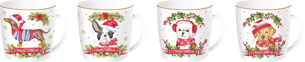 4er Set Becher, Tassen CHRISTMAS DOGS Weihnachtshunde 350ml in GB Easy Life WA
