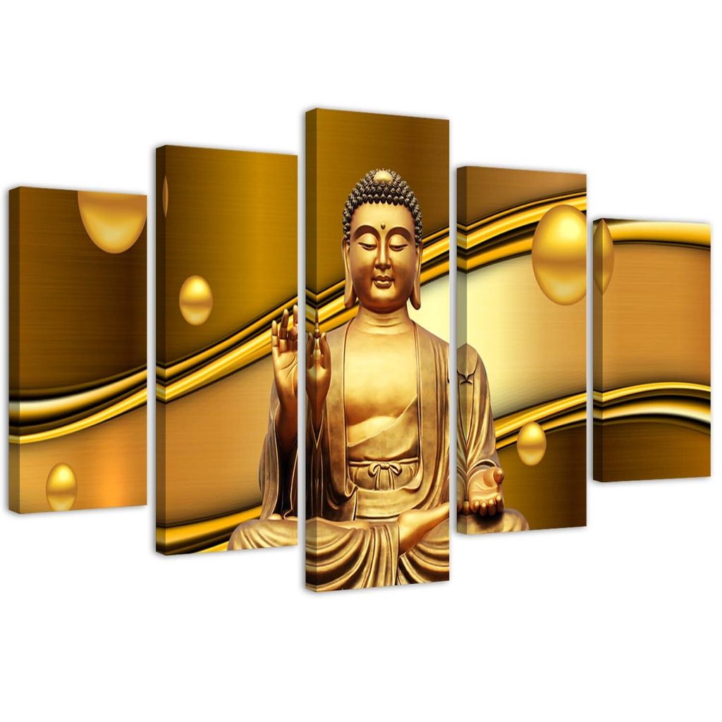 5-teiliges leinwandbild goldener buddha auf goldenem hintergrund 150x100 cm Feeby gold wandbild bereit zum aufhängen