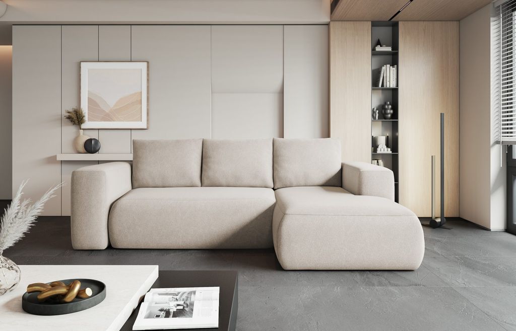 Easy4You Lambi Hellbeige Ecksofa L-Form Rechts 266 x 89 x 164 cm mit Schlaffunktion und Stauraum - Schlafsofa mit Bettkasten - Moderne Wohnzimmerm...
