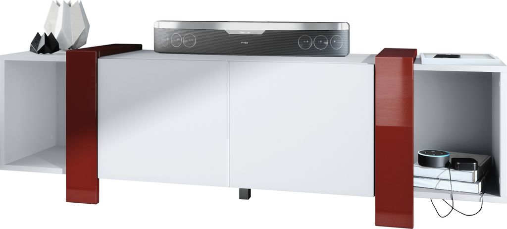 Vladon Lowboard Ida 149 x 45,5 x 34 cm TV-Board mit 4 Fächern und PTO-Türen, Germany, Korpus in Weiß matt, Blenden in Bordeaux Hochglanz | Gro...