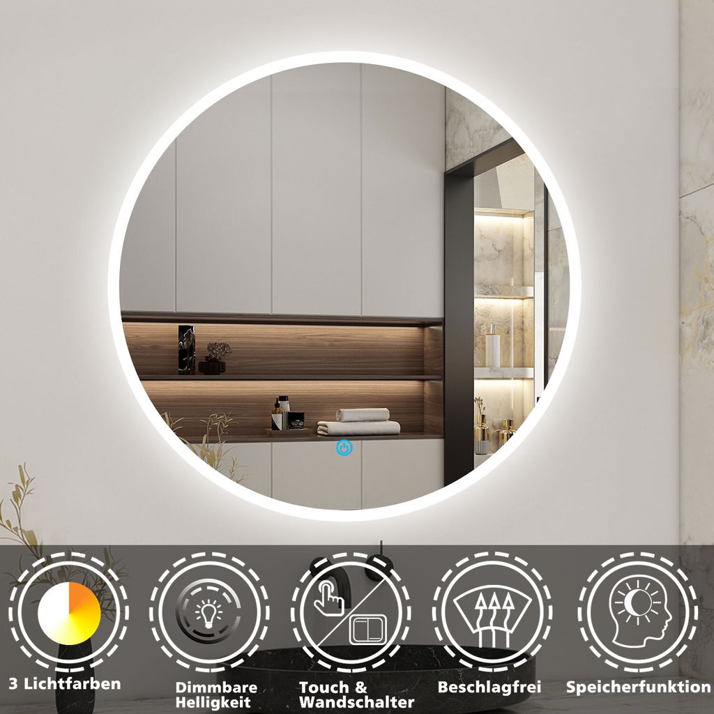 LED Spiegel Rund 70cm 3in1 Warm/Neutral/Kaltweiß Dimmbar Produktbild 4
