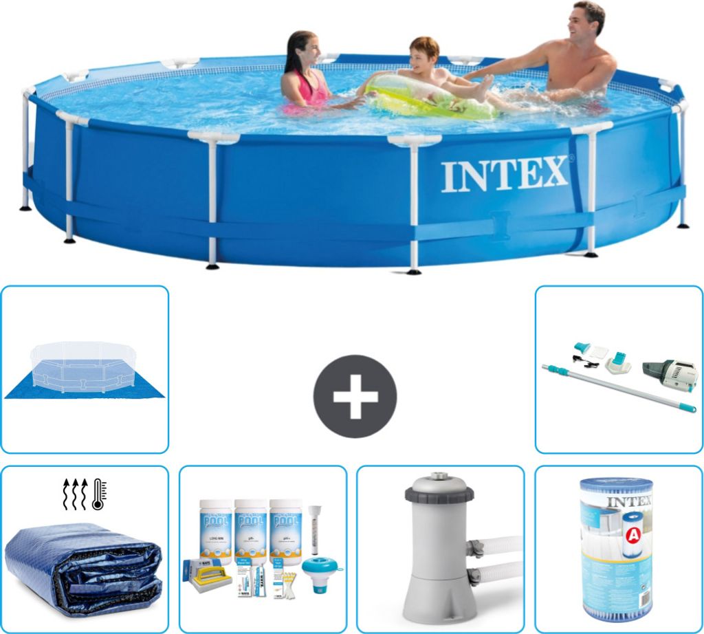 Intex-Schwimmbecken mit rundem Rahmen – 366 x 76 cm – Blau – im Lieferumfang enthalten Sonnensegel - Wartungspaket - Filterpumpe für Schwimm...