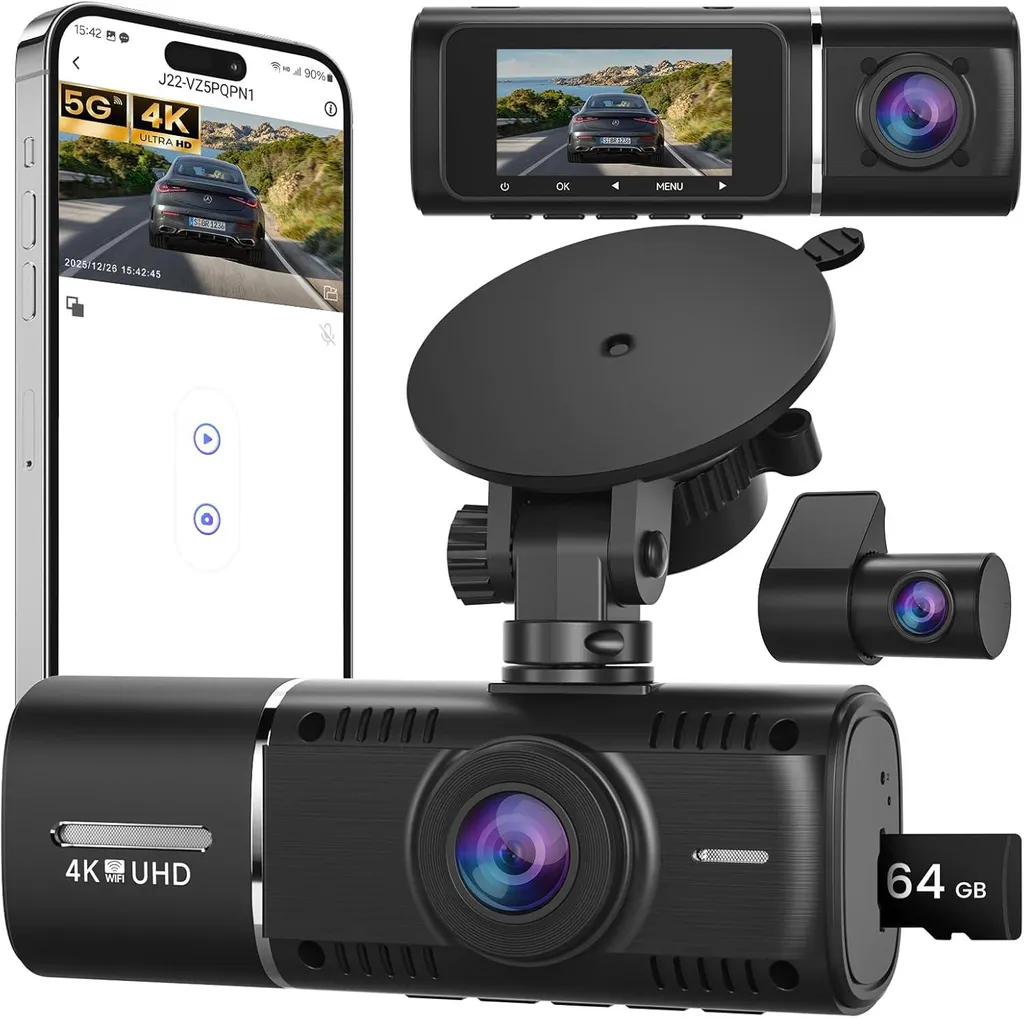 Dashcam voiture avant et arrière 4K WiFi 5GHz avec GPS et carte SD 64Go