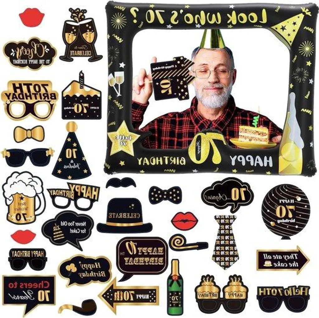 Kit Accessoires Photobooth 70 ans - Lot de 33 Pièces avec Cadre Gonflable