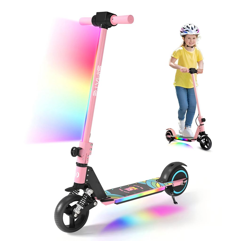 Elektroscooter Mit Stoßdämpfende Funktion, LED-Anzeige E Scooter, Faltbarer Elektroroller Geschenk Für Kinder und Jugendliche Ab 6-16 Jahren- Rosa