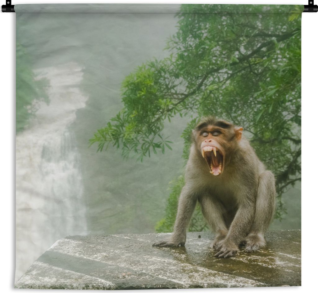 MuchoWow Wandteppich Wandbehang Schreiender Affe vor Wasserfall 90x90 cm Tapisserie Dekoration Wandtuch - Wandaufhänger