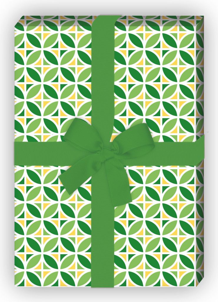 Frisches grafisches Geschenkpapier mit Blumen, grün gelb - G7270, 32 x 48cm