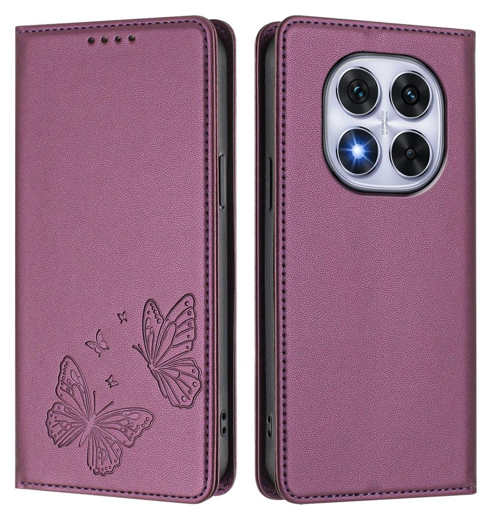 Lederhülle für Xiaomi Poco X7/Redmi Note 14 Pro 5G/14 Pro+ 5G, Schmetterling Prägung Leder Brieftasche Schutzhülle mit Ständer Lila