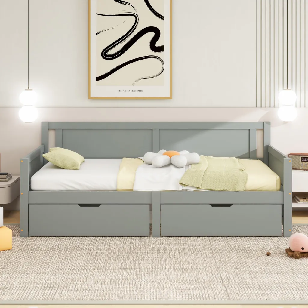 Lit 90x200 Gris avec Tiroirs : Solution Rangement en Bois Massif Robuste - 2